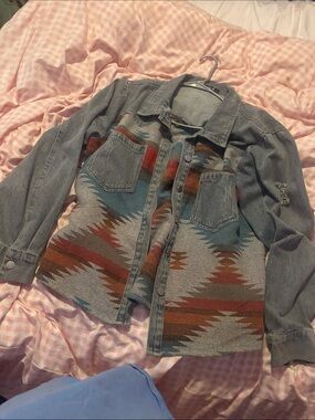 Cute Distressed Denim Jacket with Western Aztec Panel - Teal, Rust, Gray